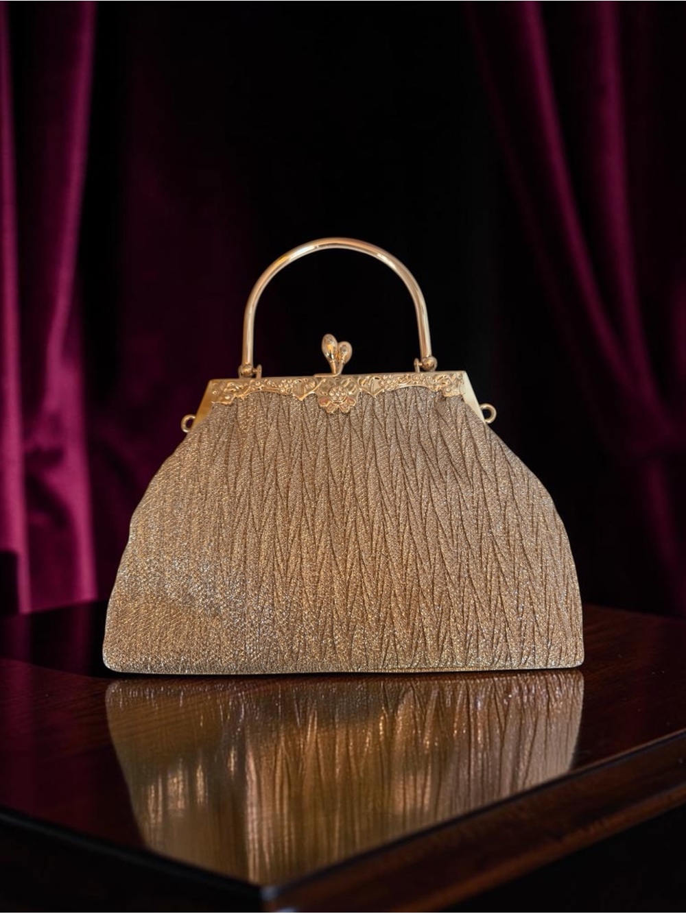 Vintage-Style Champagne Ornate Gold Frame Handbag w/Crossbody Gold-Tone Chain